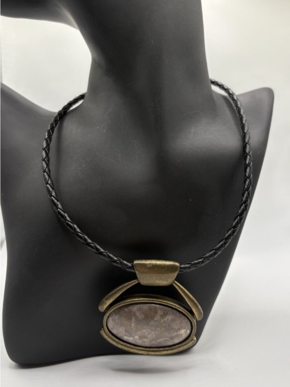 Chicos Bronze Gold Tone Pendant Black Cord Necklace Boho